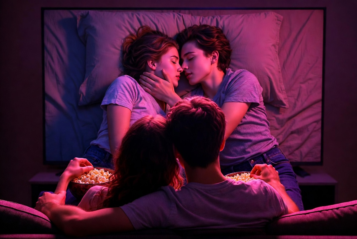 Pareja joven abrazada en un sofá viendo una escena romántica en una pantalla de TV, con luz morada y magenta, ilustrando el sexo cinematográfico