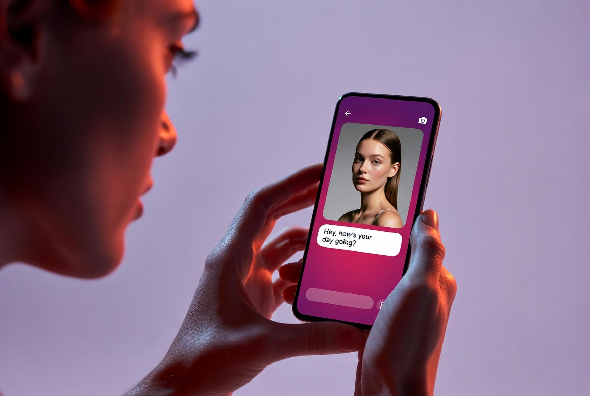 Persona mirando una app de citas en el móvil con un perfil femenino desconocido - concepto de estafas en redes sociales y romance scam