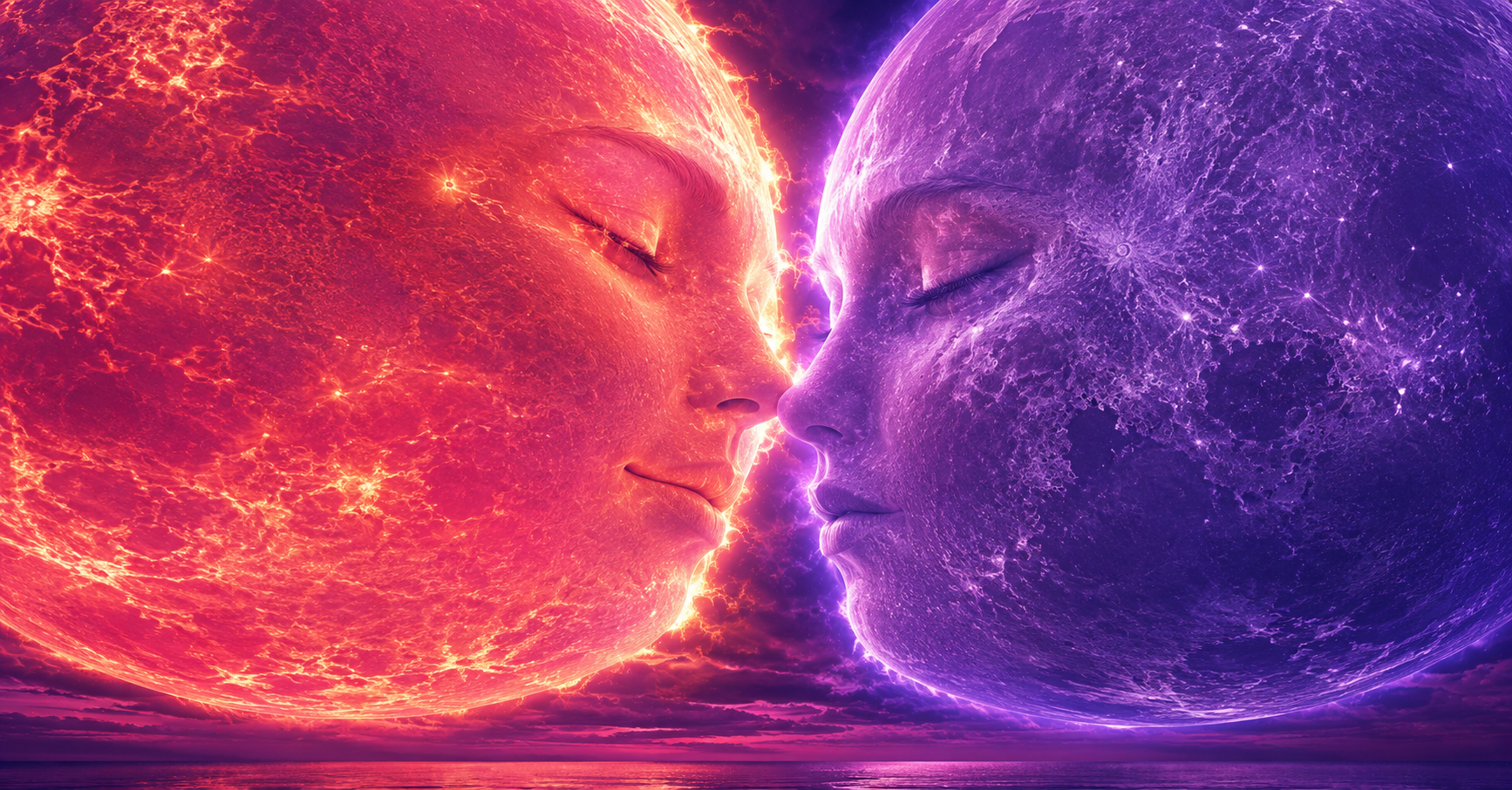 Sol y luna con rostros humanizados a punto de besarse sobre un mar al atardecer con tonos morados y magenta - concepto de leyendas de amores imposibles