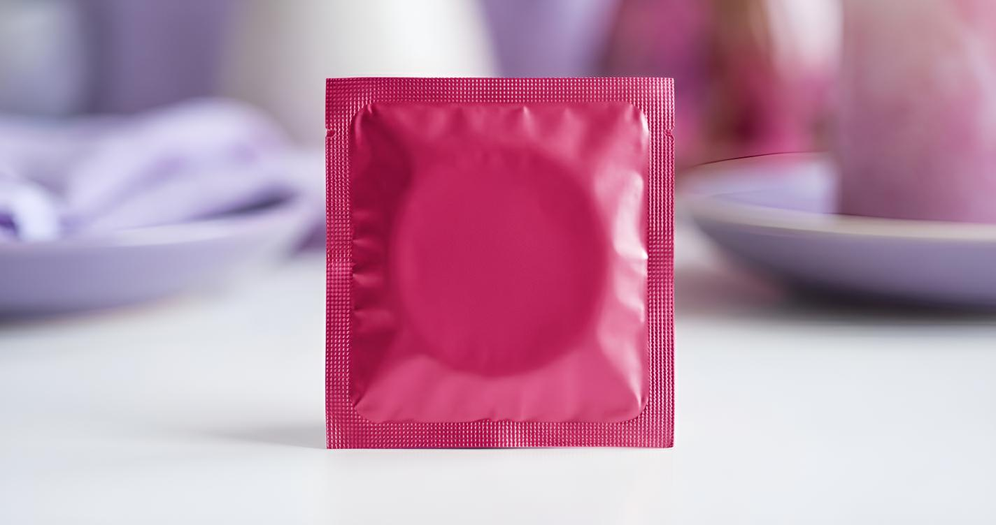 Preservativo en su envoltorio magenta sin abrir sobre una superficie blanca con fondo en tonos lavanda - concepto de prevención y uso del preservativo