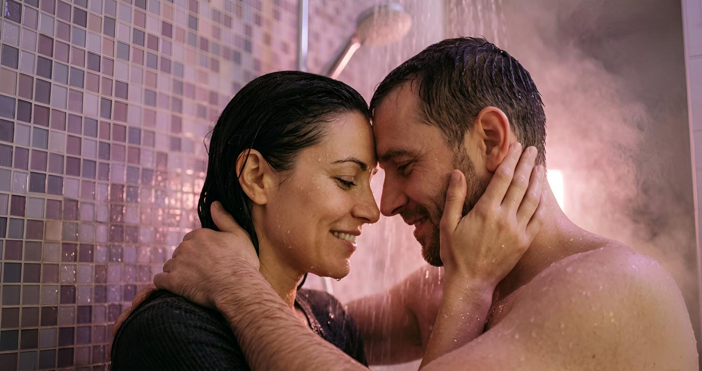 Pareja adulta compartiendo un momento íntimo y tierno bajo la ducha entre vapor de agua - concepto de sexo bajo el agua