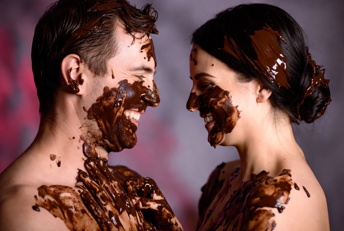 Pareja adulta sonriendo embadurnada de chocolate derretido - concepto de sploshing o práctica sexual wet and messy